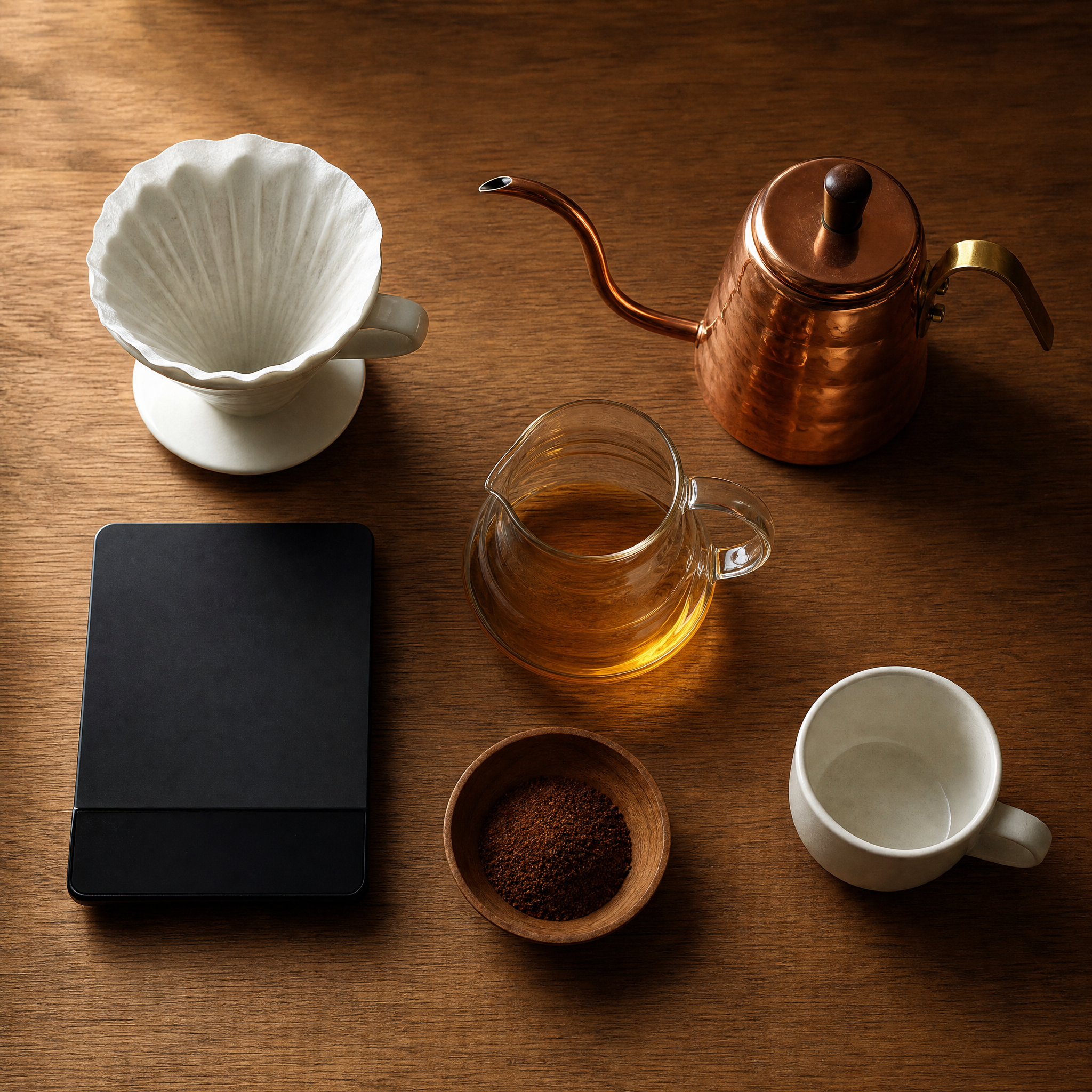 手沖咖啡必備器具——V60 濾杯、鵝頸壺、電子秤、咖啡粉
