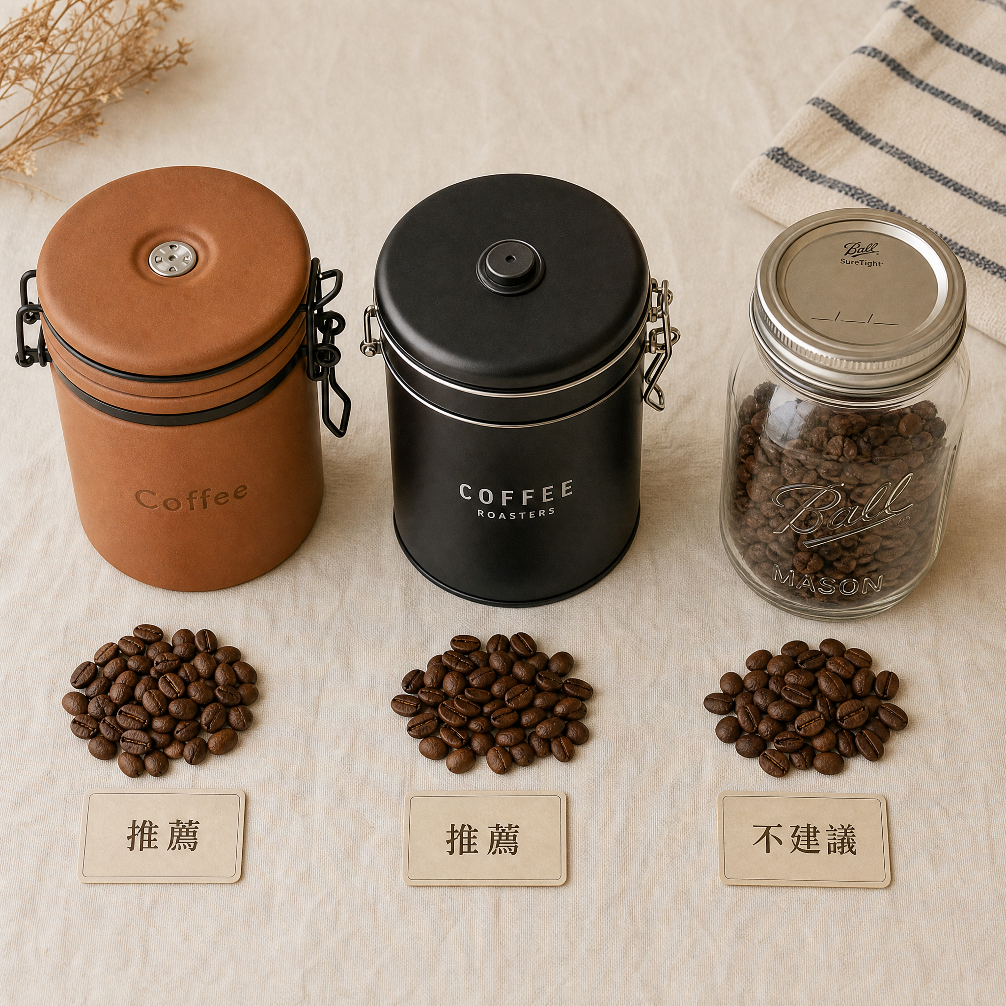 咖啡豆保存容器比較：陶瓷密封罐、不透光金屬罐、透明玻璃罐對比