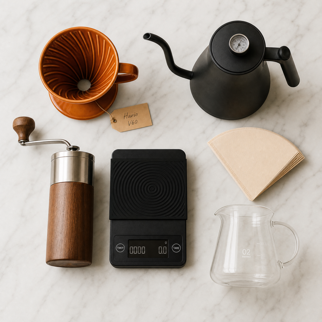 手沖咖啡器具全套排列，包含手沖壺、V60濾杯、電子秤、磨豆機與分享壺